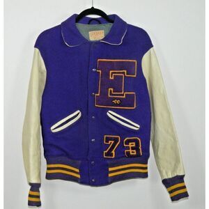 Varsity‎ Bomber Jacket Ripon Award byCarl Dorhling Purple Yellow Wool Leather